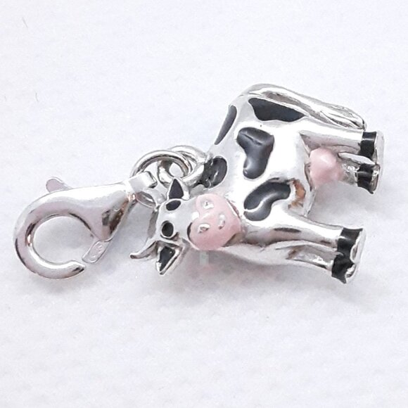 New 925 sterling silver and enamel cow charm.  Lobster claw clasp. - Picture 3 of 9